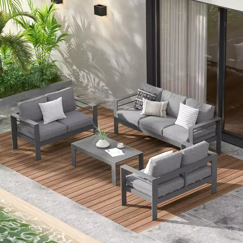 Heynemo – Ensemble de meubles de patio extérieurs en aluminium, canapé modulaire d'extérieur en métal avec coussin de 12,7 cm et table basse pour balcon, jardin