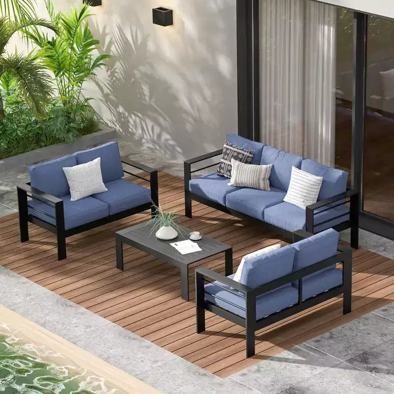 Heynemo Aluminum Outdoor Patio Furniture Set, Outdoor Sectional Metal Sofa with 5'' Cushion & Coffee Table for Balcony, Garden