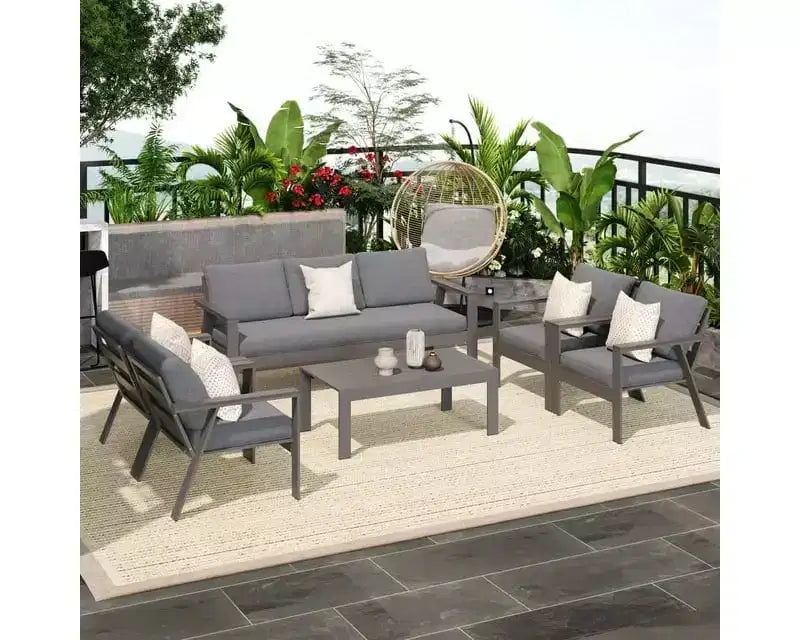 Heynemo Ensembles de canapés de jardin en aluminium 7 places, ensembles de fauteuils sectionnels modernes d'extérieur en métal avec coussins
