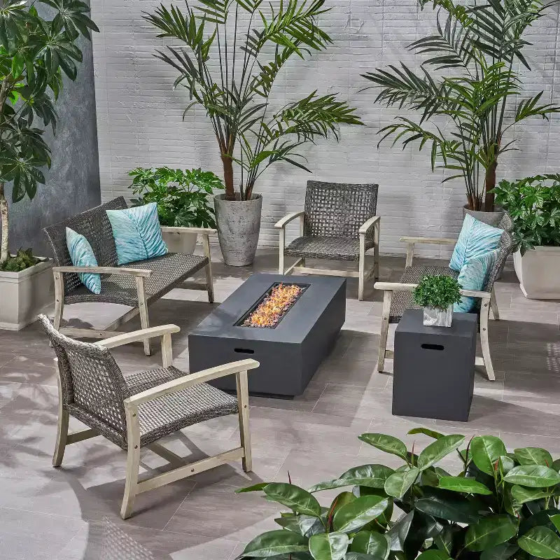 Christopher Knight Home Ensemble de conversation Augusta en bois d'acacia et osier d'extérieur 6 places avec foyer