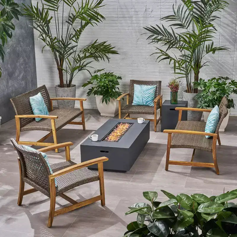 Christopher Knight Home Ensemble de conversation Augusta en bois d'acacia et osier d'extérieur 6 places avec foyer