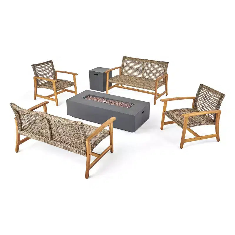 Christopher Knight Home Ensemble de conversation Augusta en bois d'acacia et osier d'extérieur 6 places avec foyer