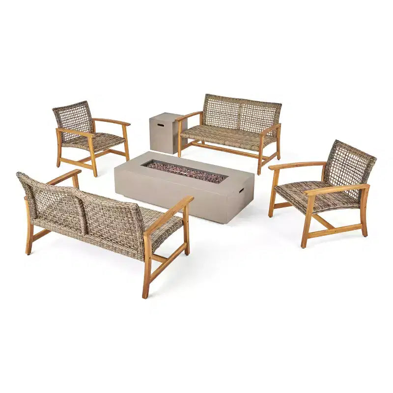 Christopher Knight Home Ensemble de conversation Augusta en bois d'acacia et osier d'extérieur 6 places avec foyer