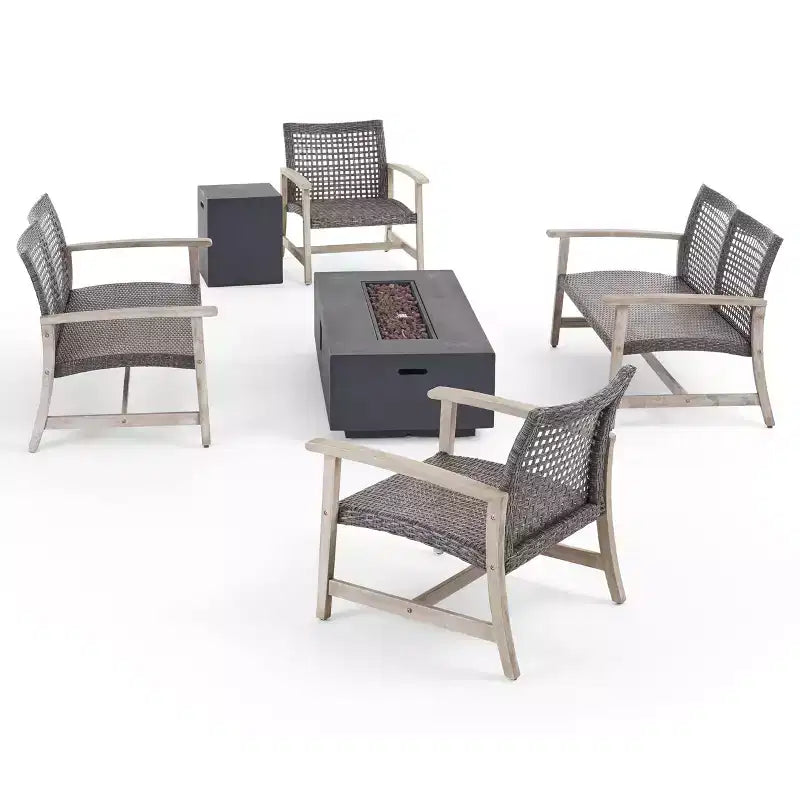 Christopher Knight Home Augusta Outdoor Acacia Wood and Wicker 6 Seater Chat Set with Fire Pit