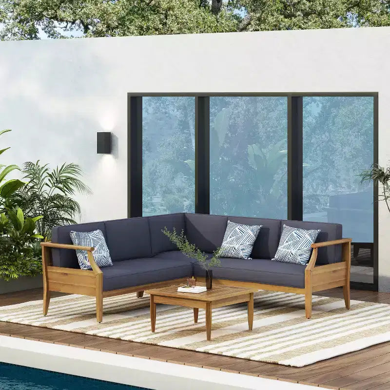 Christopher Knight Home Bianca Ensemble de conversation sectionnel 5 places en bois d'acacia pour extérieur avec coussins, teck/gris foncé