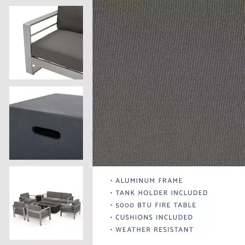 Christopher Knight Home Cape Coral Salon de jardin 7 places en aluminium avec foyer