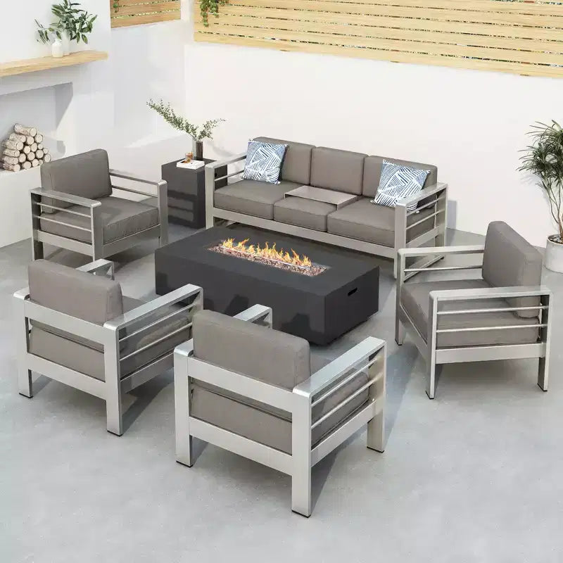 Christopher Knight Home Cape Coral Outdoor Aluminum 7 Seater Chat Set with Fire Pit