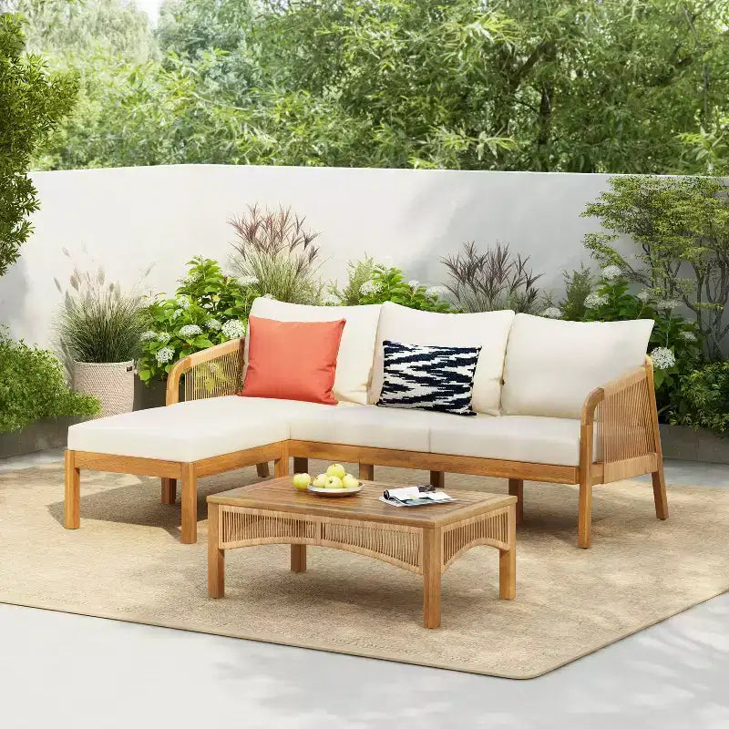 Christopher Knight Home Preston, ensemble de conversation d'extérieur 4 places en bois d'acacia et osier avec coussins