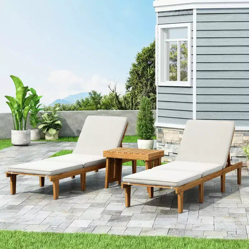 Christopher Knight Home Alisa Salon de jardin 3 pièces en bois d'acacia avec chaises longues sans accoudoirs réglables et coussins