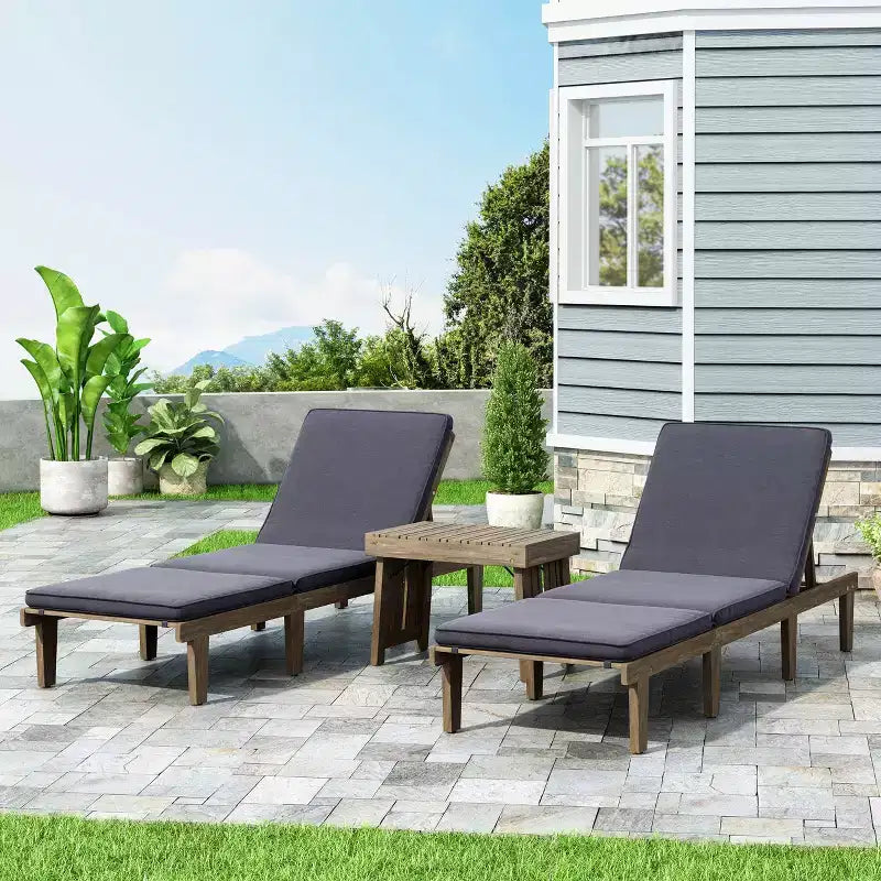 Christopher Knight Home Alisa Salon de jardin 3 pièces en bois d'acacia avec chaises longues sans accoudoirs réglables et coussins