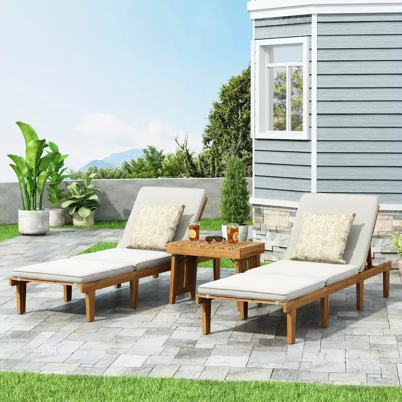 Christopher Knight Home Alisa Salon de jardin 3 pièces en bois d'acacia avec chaises longues sans accoudoirs réglables et coussins