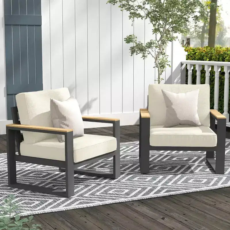 Heynemo Aluminum Outdoor Armchair, 2 Pieces All-Weather Metal Patio Single Sofa, Patio Conversation Set for Porch Backyard Garden