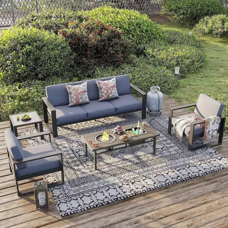 Heynemo Aluminum Patio Furniture Set with Fire Pit Table, 5 Pieces Modern Outdoor Seating Set Metal Sectional Couch Sofa and Coffee Table