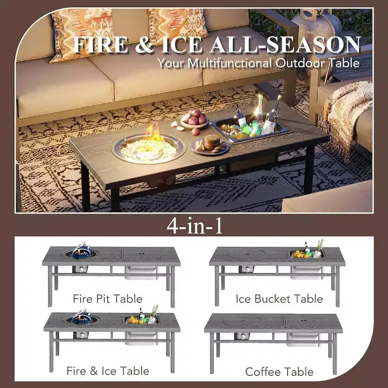 Heynemo Ensemble de mobilier de patio en aluminium avec table brasero, 5 pièces, salon d'extérieur moderne, canapé sectionnel en métal et table basse