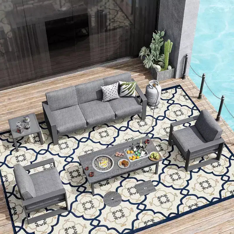Heynemo Ensemble de mobilier de patio en aluminium avec table brasero, 5 pièces, salon d'extérieur moderne, canapé sectionnel en métal et table basse