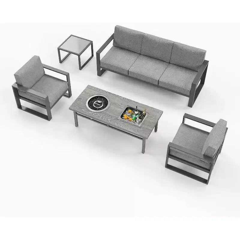 Heynemo Ensemble de mobilier de patio en aluminium avec table brasero, 5 pièces, salon d'extérieur moderne, canapé sectionnel en métal et table basse
