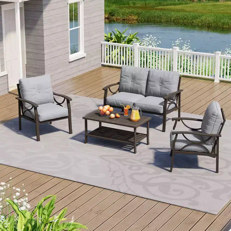 Ensemble de mobilier de jardin Heynemo, ensemble de conversation de 4 pièces avec table basse, ensemble de mobilier en métal pour véranda, cour arrière, jardin, café