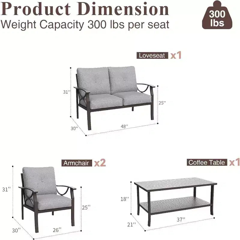 Ensemble de mobilier de jardin Heynemo, ensemble de conversation de 4 pièces avec table basse, ensemble de mobilier en métal pour véranda, cour arrière, jardin, café