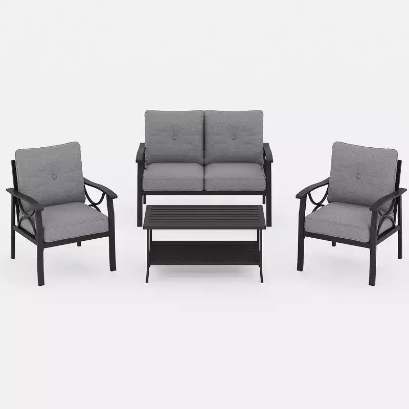 Ensemble de mobilier de jardin Heynemo, ensemble de conversation de 4 pièces avec table basse, ensemble de mobilier en métal pour véranda, cour arrière, jardin, café