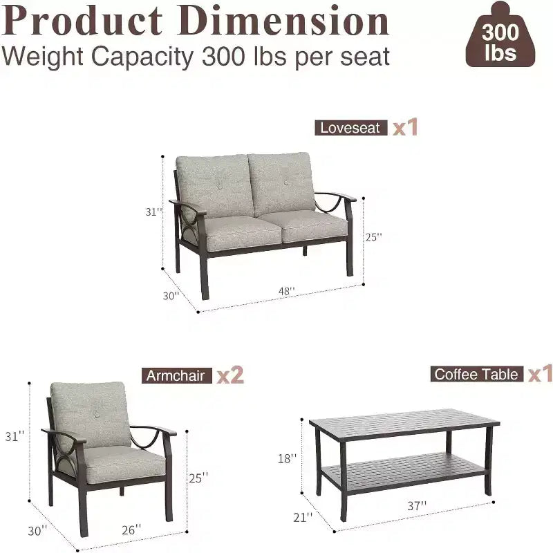 Ensemble de mobilier de jardin Heynemo, ensemble de conversation de 4 pièces avec table basse, ensemble de mobilier en métal pour véranda, cour arrière, jardin, café