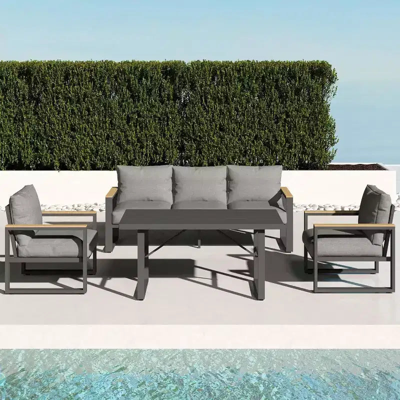 Salon de jardin Heynemo en aluminium, ensemble de conversation extérieur 4 pièces avec table à manger, salon de jardin en métal pour porche, arrière-cour, jardin