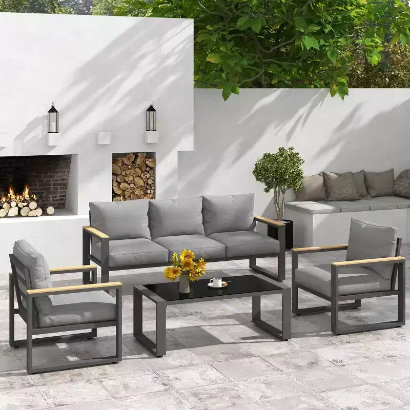 Heynemo Aluminum Patio Furniture Set, 4 Piece Outdoor Conversation Set with Coffee Table, Metal Patio Furniture Set for Porch Backyard Garden