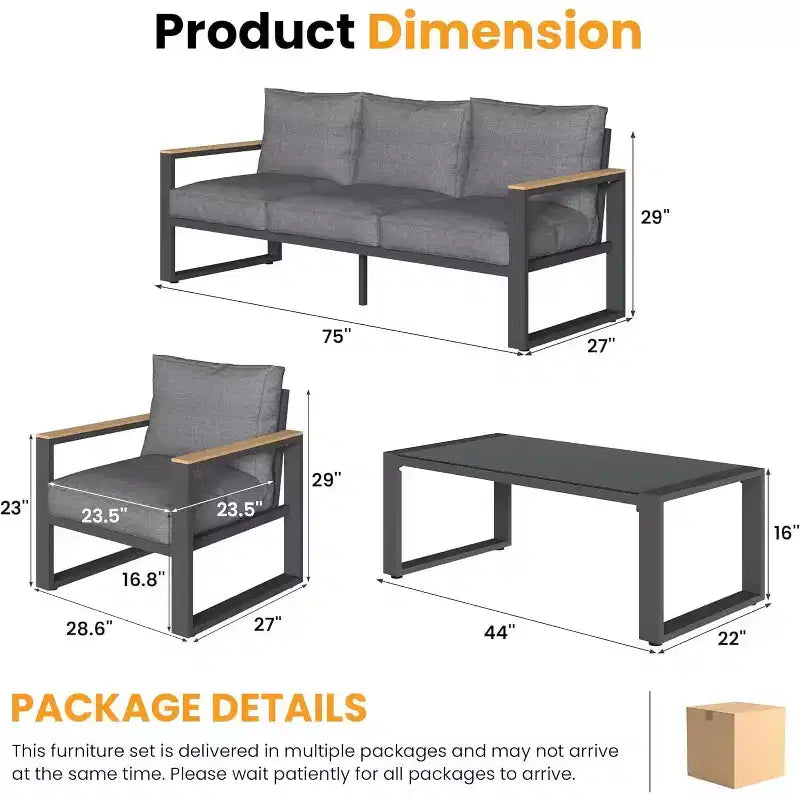 Ensemble de mobilier de patio en aluminium Heynemo, ensemble de conversation d'extérieur 4 pièces avec table basse, ensemble de meubles de patio en métal pour véranda, arrière-cour, jardin