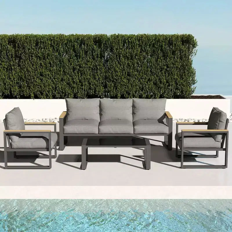 Ensemble de mobilier de patio en aluminium Heynemo, ensemble de conversation d'extérieur 4 pièces avec table basse, ensemble de meubles de patio en métal pour véranda, arrière-cour, jardin