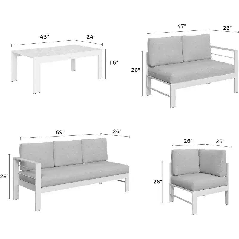 Heynemo Ensemble mobilier de patio en aluminium avec table basse, Canapé d'extérieur moderne avec coussins résistants à l'eau pour balcon et jardin