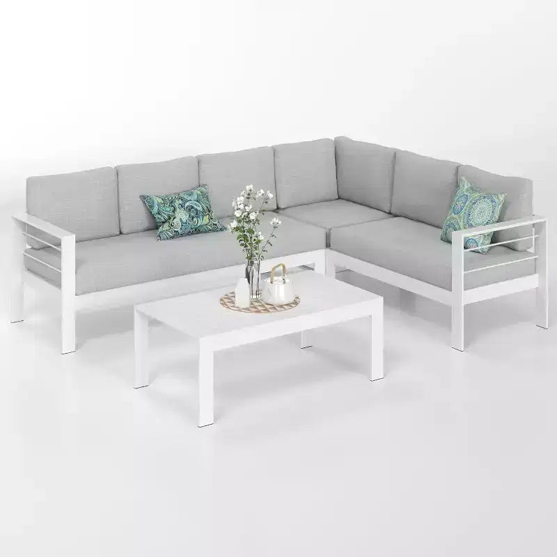 Heynemo Ensemble mobilier de patio en aluminium avec table basse, Canapé d'extérieur moderne avec coussins résistants à l'eau pour balcon et jardin