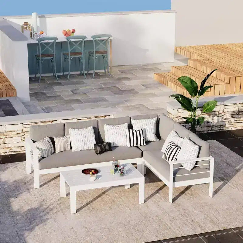 Heynemo Ensemble mobilier de patio en aluminium avec table basse, Canapé d'extérieur moderne avec coussins résistants à l'eau pour balcon et jardin