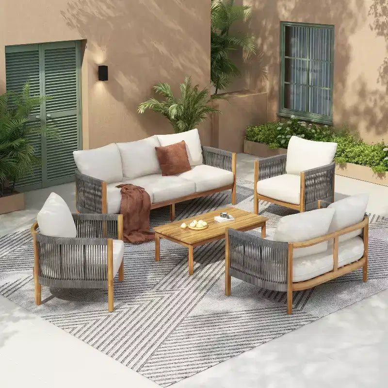 Christopher Knight Home Naveed 5 Piece Patio Rope Weaving Acacia Wood Seating Set with Cushion