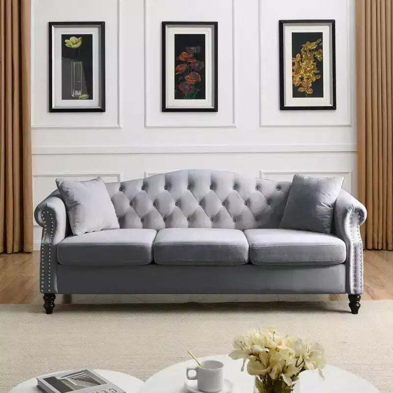 79 Chesterfield Sofa Grey Velvet for Living Room, 3 Seater Sofa Tufted Couch with Rolled Arms and Nailhead for Living Room