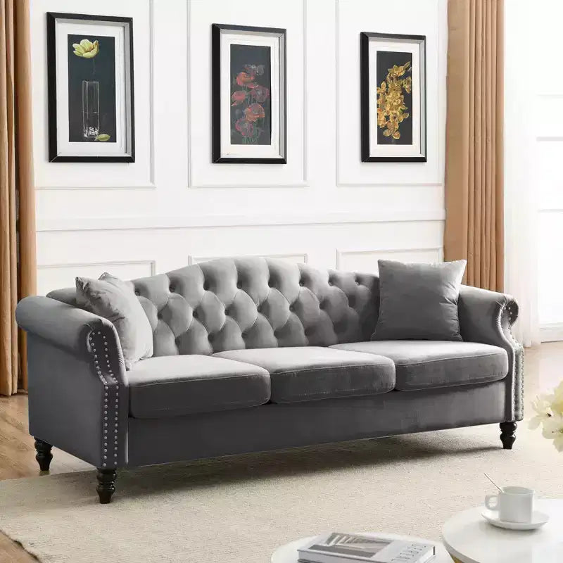 79 Chesterfield Sofa Grey Velvet for Living Room, 3 Seater Sofa Tufted Couch with Rolled Arms and Nailhead for Living Room