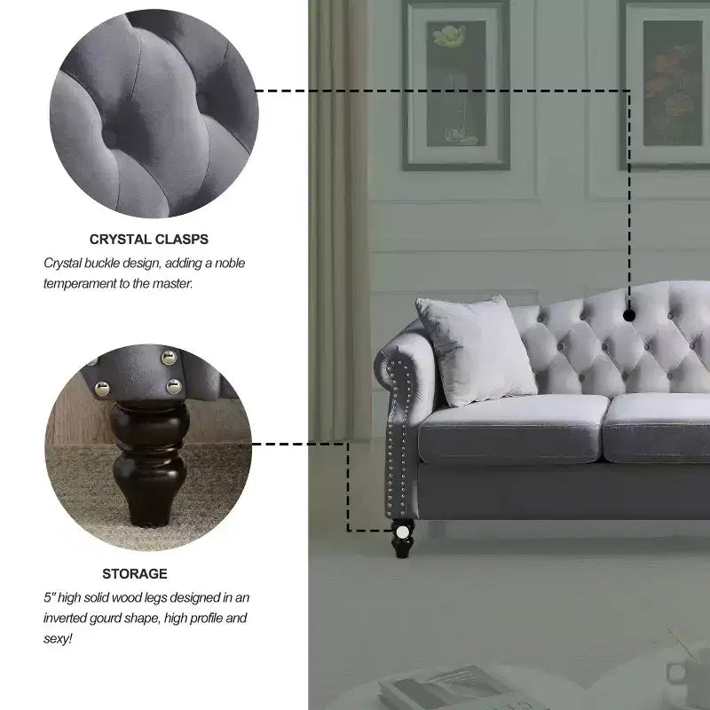 79 Chesterfield Sofa Grey Velvet for Living Room, 3 Seater Sofa Tufted Couch with Rolled Arms and Nailhead for Living Room