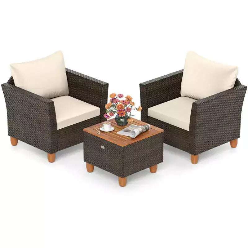 Costway Ensemble de Meubles de Bistro 3 Pièces en Rotin pour Patio Extérieur Table en Bois Canapé Rembourré Gris/Noir/Beige/Bleu Marine