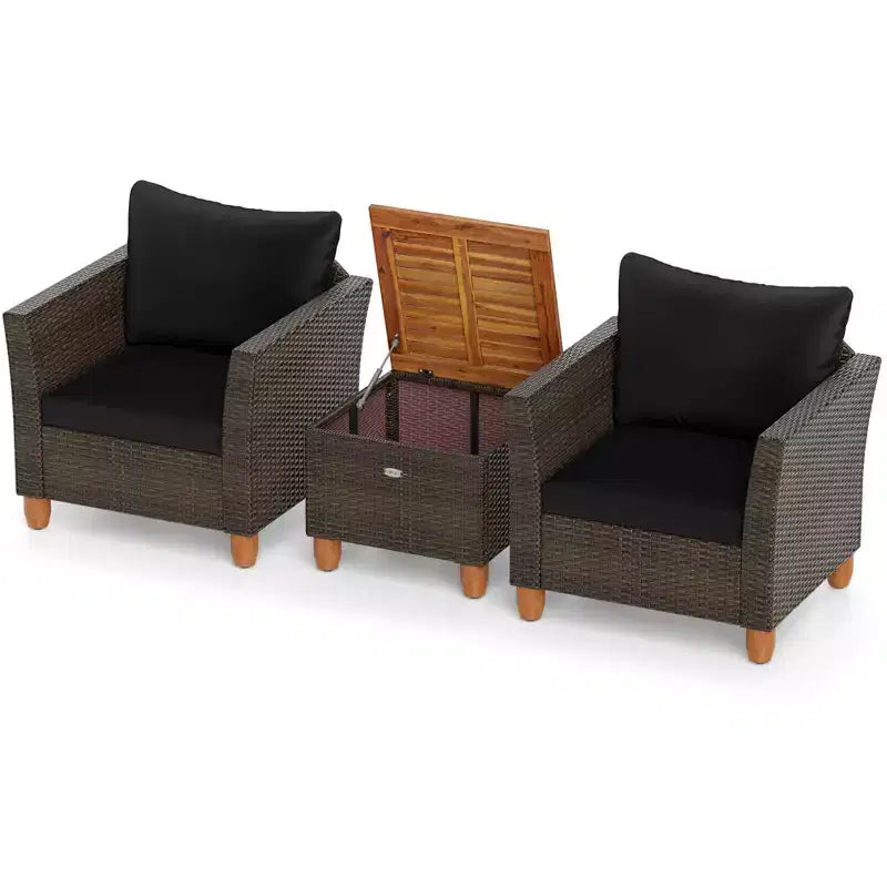 Costway Ensemble de Meubles de Bistro 3 Pièces en Rotin pour Patio Extérieur Table en Bois Canapé Rembourré Gris/Noir/Beige/Bleu Marine