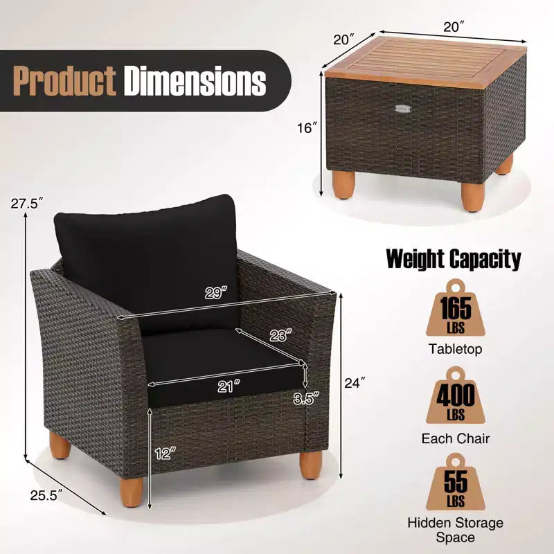 Costway Ensemble de Meubles de Bistro 3 Pièces en Rotin pour Patio Extérieur Table en Bois Canapé Rembourré Gris/Noir/Beige/Bleu Marine