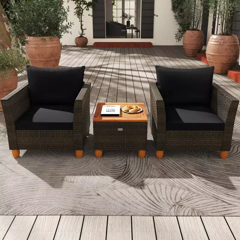 Costway Ensemble de Meubles de Bistro 3 Pièces en Rotin pour Patio Extérieur Table en Bois Canapé Rembourré Gris/Noir/Beige/Bleu Marine