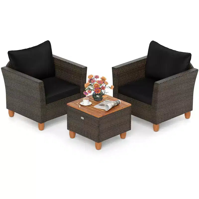 Costway Ensemble de Meubles de Bistro 3 Pièces en Rotin pour Patio Extérieur Table en Bois Canapé Rembourré Gris/Noir/Beige/Bleu Marine