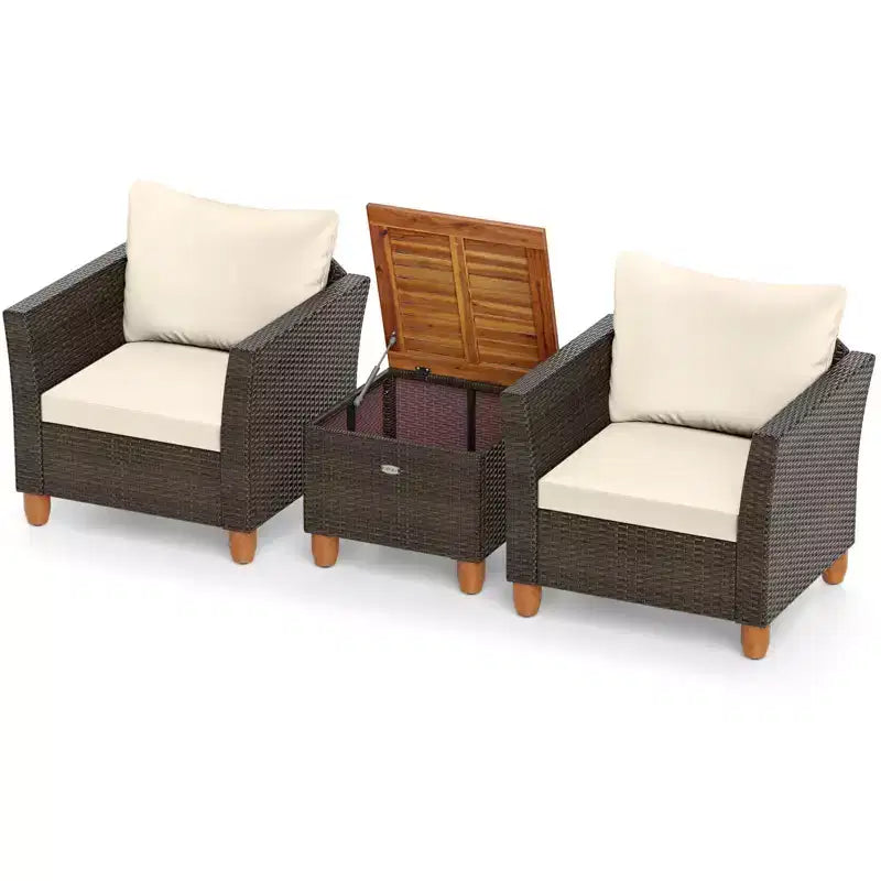 Costway Ensemble de Meubles de Bistro 3 Pièces en Rotin pour Patio Extérieur Table en Bois Canapé Rembourré Gris/Noir/Beige/Bleu Marine