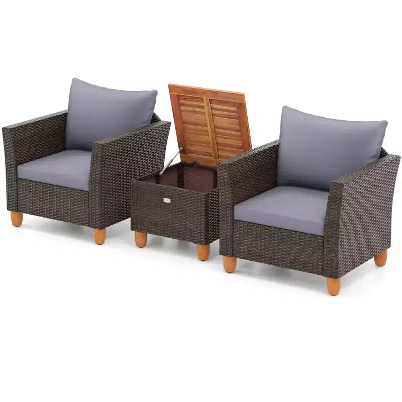 Costway Ensemble de Meubles de Bistro 3 Pièces en Rotin pour Patio Extérieur Table en Bois Canapé Rembourré Gris/Noir/Beige/Bleu Marine