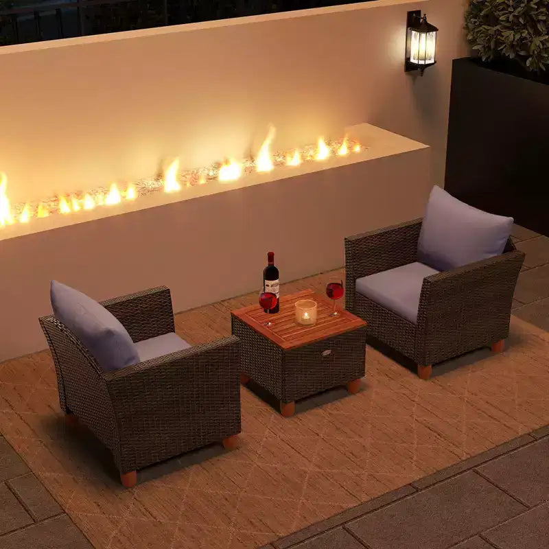 Costway Ensemble de Meubles de Bistro 3 Pièces en Rotin pour Patio Extérieur Table en Bois Canapé Rembourré Gris/Noir/Beige/Bleu Marine