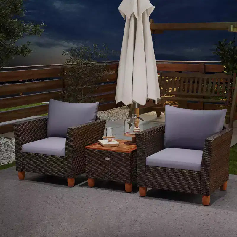 Costway Ensemble de Meubles de Bistro 3 Pièces en Rotin pour Patio Extérieur Table en Bois Canapé Rembourré Gris/Noir/Beige/Bleu Marine
