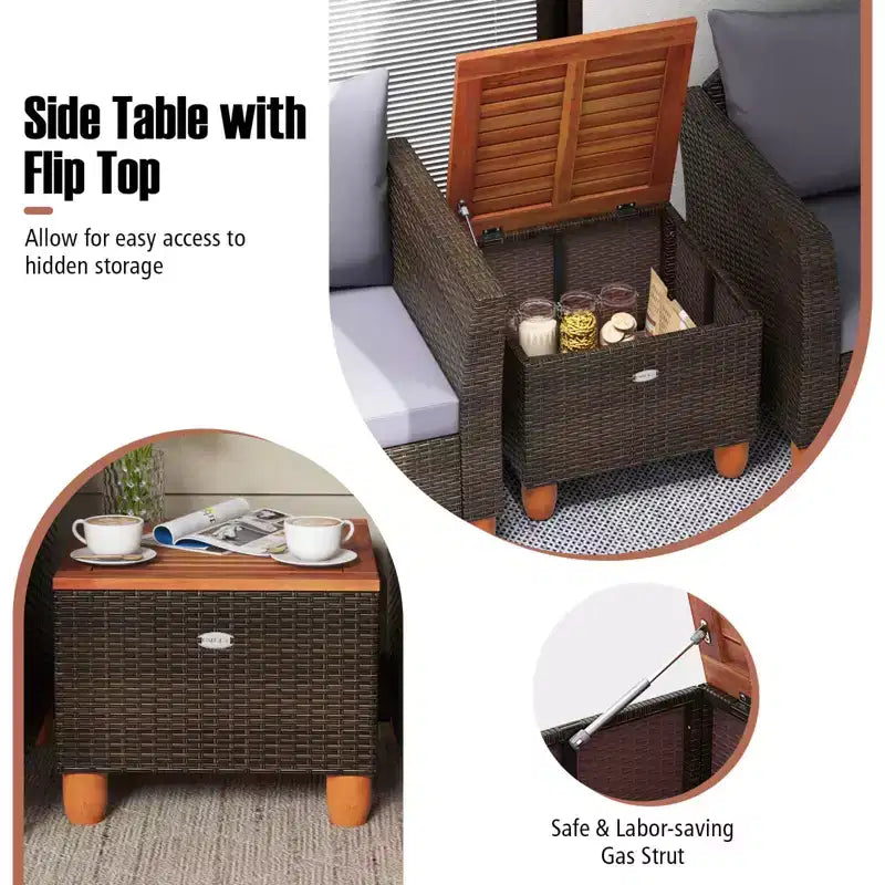 Costway Ensemble de Meubles de Bistro 3 Pièces en Rotin pour Patio Extérieur Table en Bois Canapé Rembourré Gris/Noir/Beige/Bleu Marine