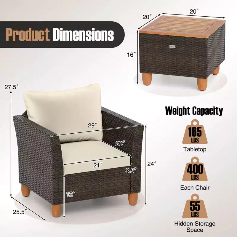 Costway Ensemble de Meubles de Bistro 3 Pièces en Rotin pour Patio Extérieur Table en Bois Canapé Rembourré Gris/Noir/Beige/Bleu Marine