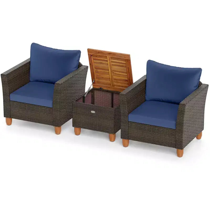 Costway Ensemble de Meubles de Bistro 3 Pièces en Rotin pour Patio Extérieur Table en Bois Canapé Rembourré Gris/Noir/Beige/Bleu Marine