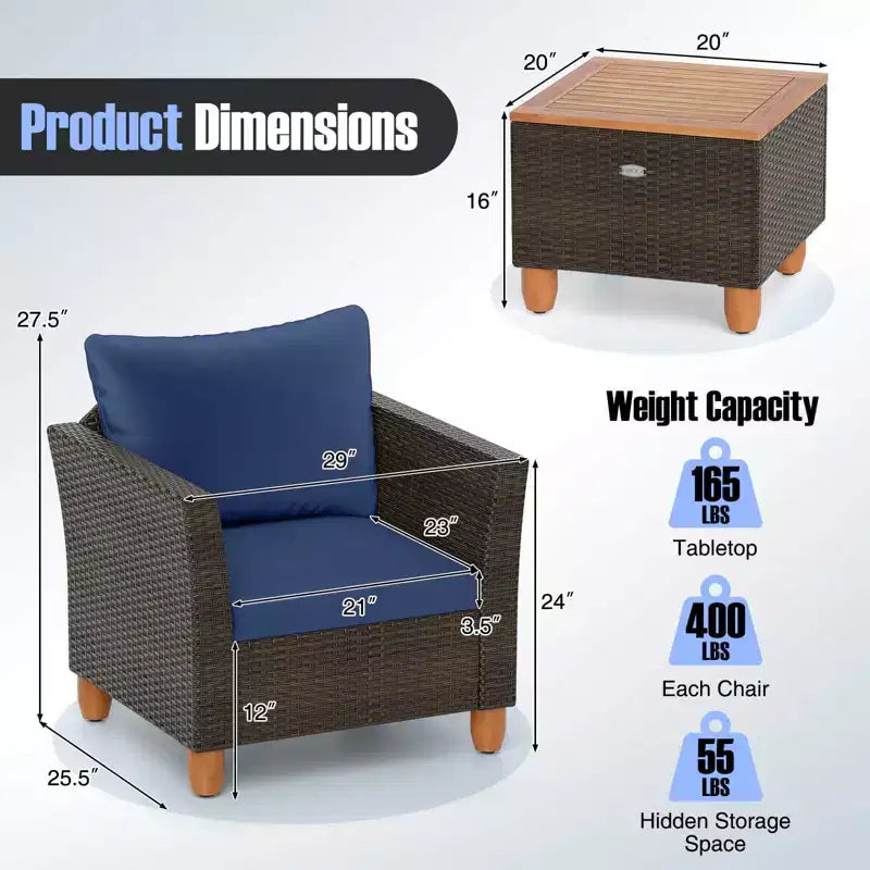 Costway Ensemble de Meubles de Bistro 3 Pièces en Rotin pour Patio Extérieur Table en Bois Canapé Rembourré Gris/Noir/Beige/Bleu Marine