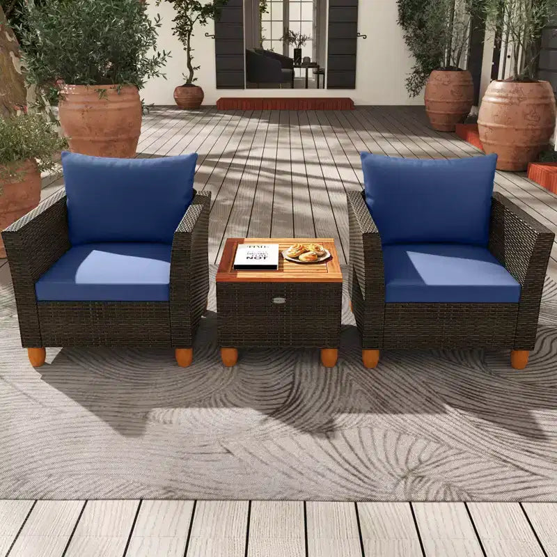 Costway Ensemble de Meubles de Bistro 3 Pièces en Rotin pour Patio Extérieur Table en Bois Canapé Rembourré Gris/Noir/Beige/Bleu Marine
