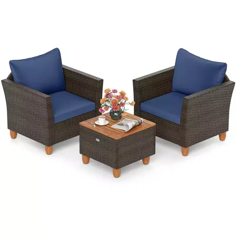 Costway Ensemble de Meubles de Bistro 3 Pièces en Rotin pour Patio Extérieur Table en Bois Canapé Rembourré Gris/Noir/Beige/Bleu Marine